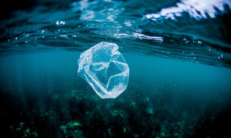 Plastic bag floating over reef in the ocean, Costa Rica